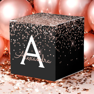 Rose Gold Blush Pink Black Glitter Monogram Favour Box
