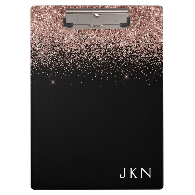 Rose Gold Blush Pink Black Glitter Monogram Girly Clipboard (Front)