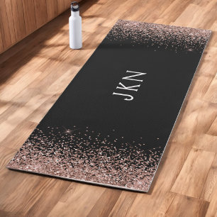 Rose Gold Blush Pink Black Glitter Monogram Girly Yoga Mat