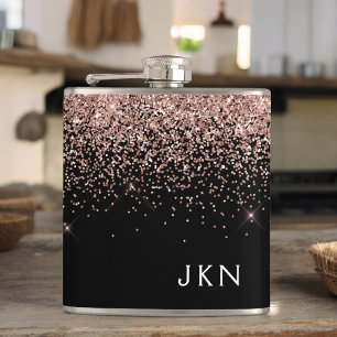 Rose Gold Blush Pink Black Glitter Monogram Hip Flask