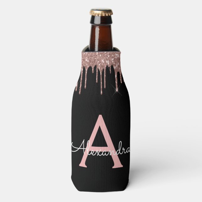 Rose Gold - Blush Pink Black Glitter Monogram Name Bottle Cooler (Bottle Front)
