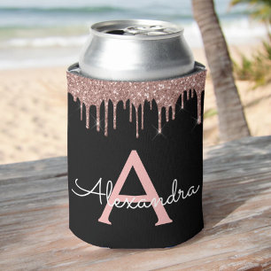 Rose Gold - Blush Pink Black Glitter Monogram Name Can Cooler