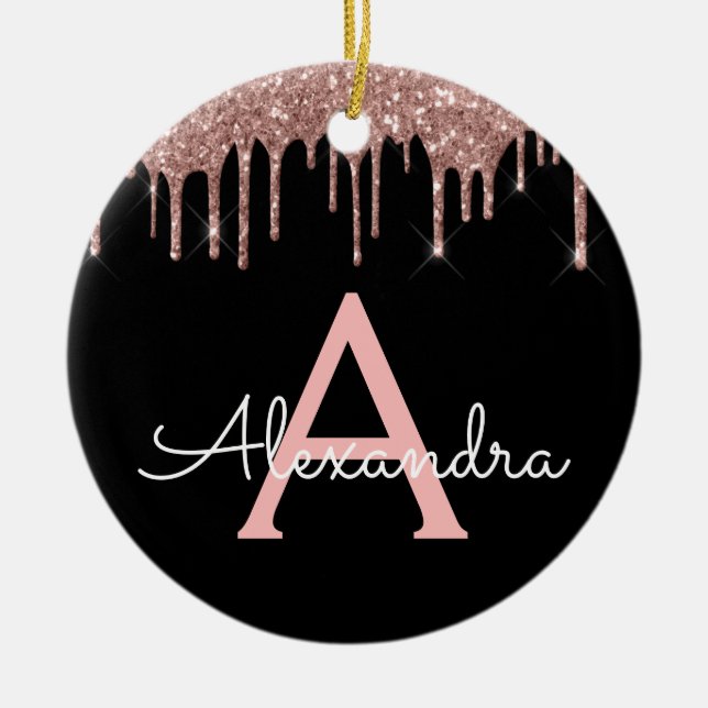Rose Gold - Blush Pink Black Glitter Monogram Name Ceramic Tree Decoration (Front)
