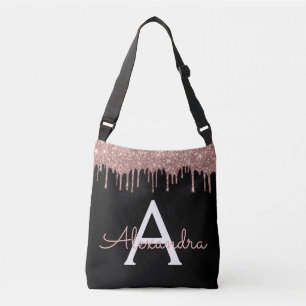 Rose Gold - Blush Pink Black Glitter Monogram Name Crossbody Bag