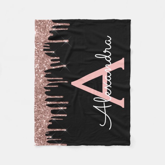 Rose Gold - Blush Pink Black Glitter Monogram Name Fleece Blanket (Front)