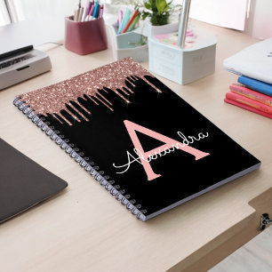 Rose Gold - Blush Pink Black Glitter Monogram Name Notebook