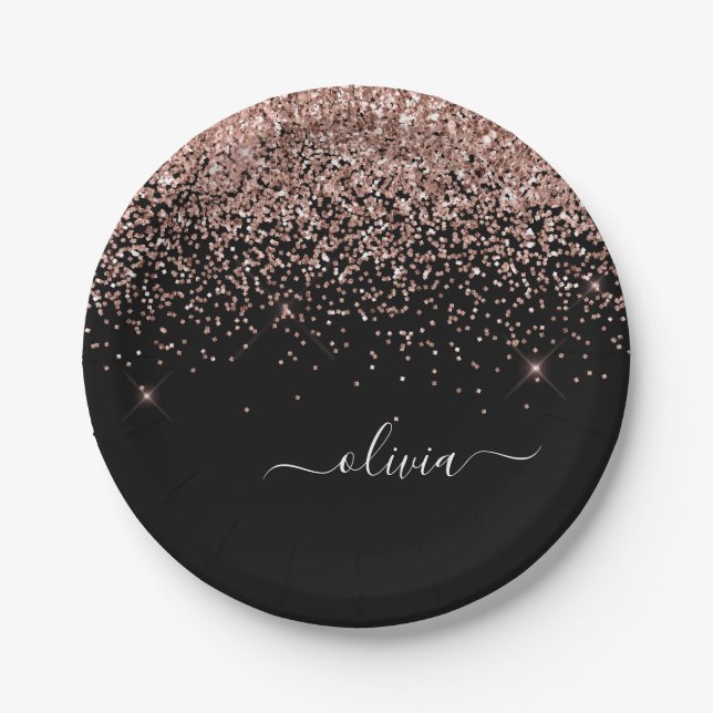 Rose Gold - Blush Pink Black Glitter Monogram Name Paper Plate (Front)