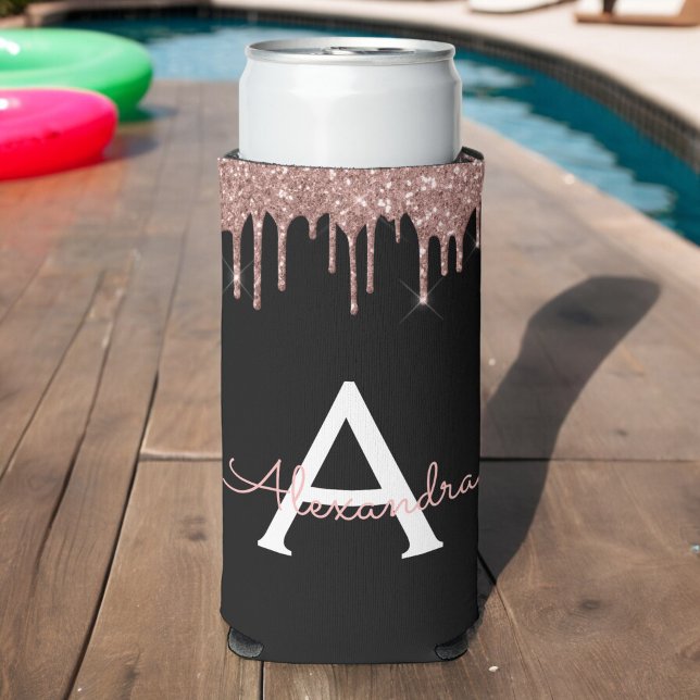 Rose Gold - Blush Pink Black Glitter Monogram Name Seltzer Can Cooler (Creator Uploaded)