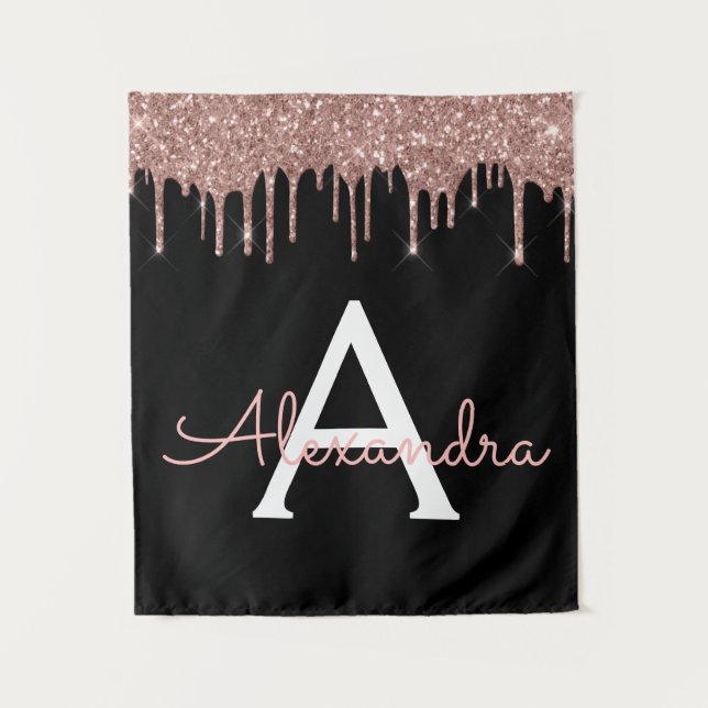 Rose Gold - Blush Pink Black Glitter Monogram Name Tapestry (Front)