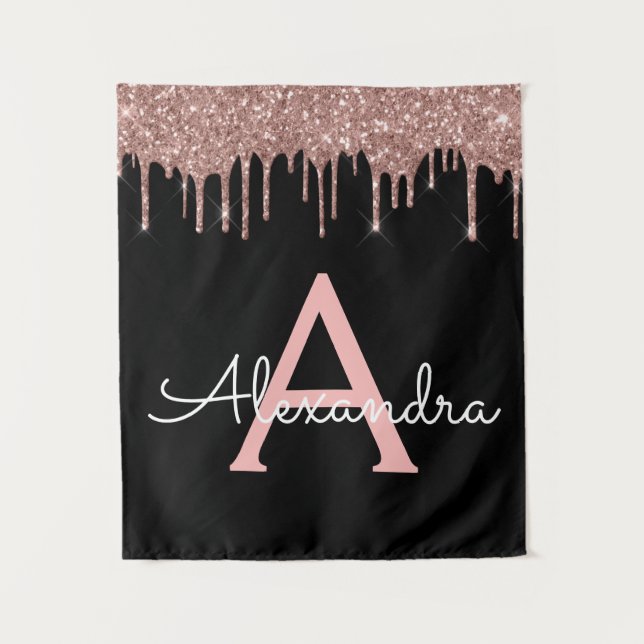 Rose Gold - Blush Pink Black Glitter Monogram Name Tapestry (Front)