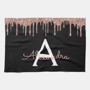 Rose Gold - Blush Pink Black Glitter Monogram Name Tea Towel