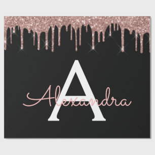 Rose Gold - Blush Pink Black Glitter Monogram Name Wrapping Paper
