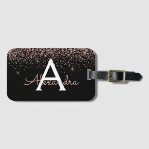 Rose Gold Blush Pink Black Glitter Monogram Travel Luggage Tag