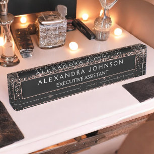 Rose Gold Blush Pink Black Glitter Professional Nameplate