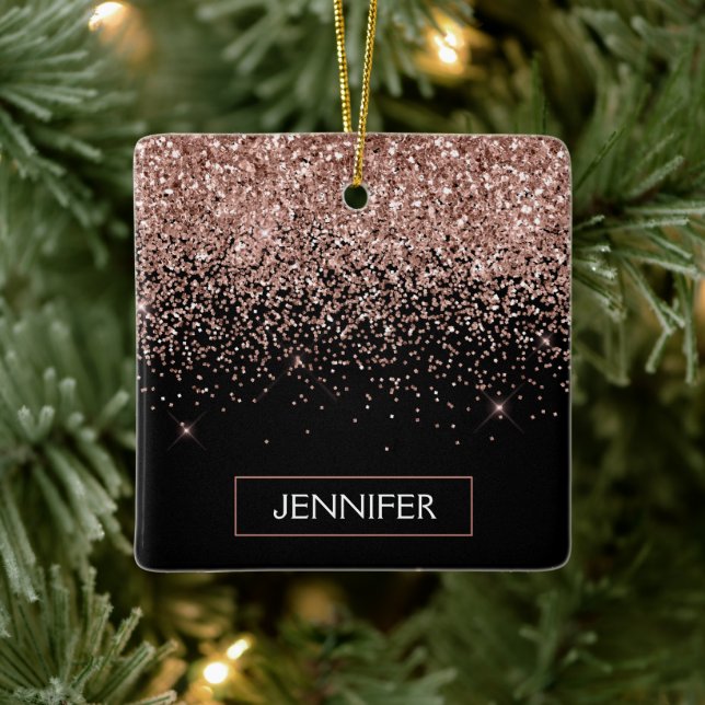 Rose Gold - Blush Pink Black Glitter Sparkle Name Ceramic Ornament (Tree)