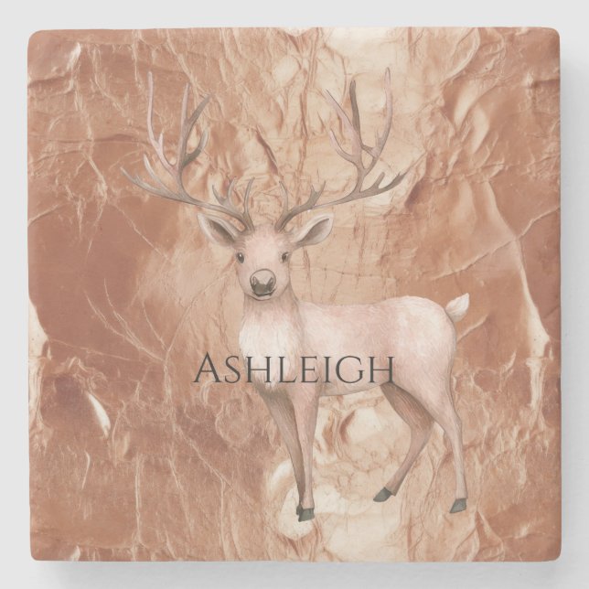 Rose Gold Blush Pink Boho Deer Tree Stone Coaster (Front)