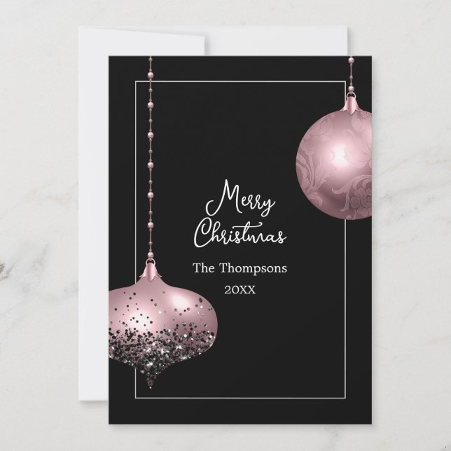 Rose Gold & Blush Pink Christmas Baubles Christmas Holiday Card (Front)