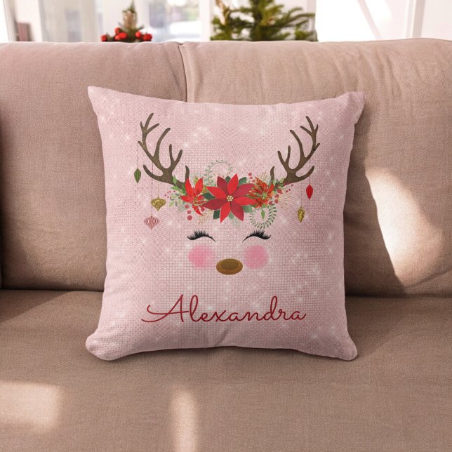 Rose Gold - Blush Pink Christmas Reindeer Monogram Cushion (Creator Uploaded)