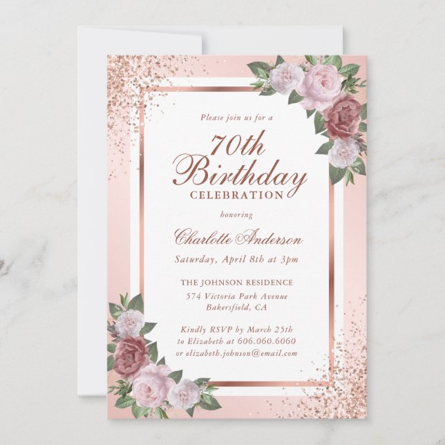 Rose Gold Blush Pink Confetti Floral 70th Birthday Invitation (Front)