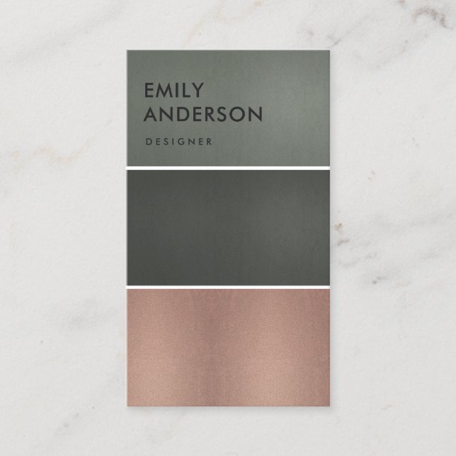 ROSE GOLD BLUSH PINK COPPER STEEL GREY STRIPS BUSINESS CARD (Front)