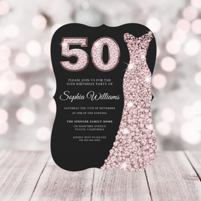 Rose Gold Blush Pink Dress Black 50th Birthday Invitation (Creator Uploaded)