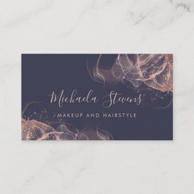 Rose gold blush pink elegant script navy business card (Front)