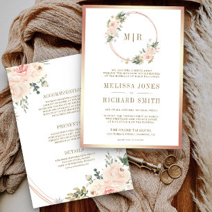 Rose Gold Blush Pink Floral All in One Wedding Invitation
