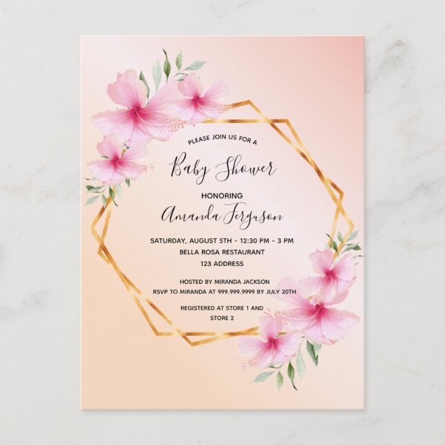 Rose gold blush pink floral baby shower invitation postcard (Front)
