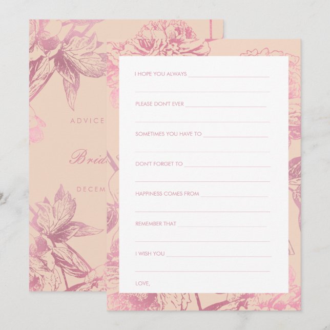 Rose Gold Blush Pink Floral Bridal Shower Advice Invitation (Front/Back)