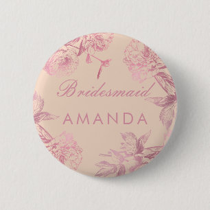 Rose Gold Blush Pink Floral Bridesmaid Name Tag 6 Cm Round Badge