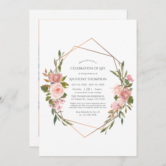 Rose Gold & Blush Pink Floral Celebration of Life  Invitation (Front/Back)