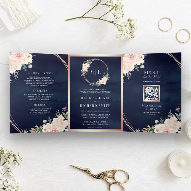 Rose Gold Blush Pink Floral QR Code Navy Wedding Tri-Fold Invitation (Creator Uploaded)