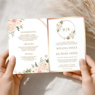 Rose Gold Blush Pink Floral QR Code Wedding Invitation
