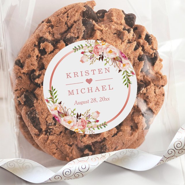 Rose Gold Blush Pink Floral Wedding Classic Round Sticker (Creator Uploaded)