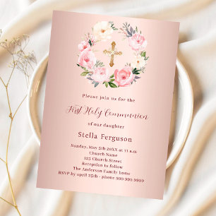 Rose gold blush pink florals cross First Communion Invitation