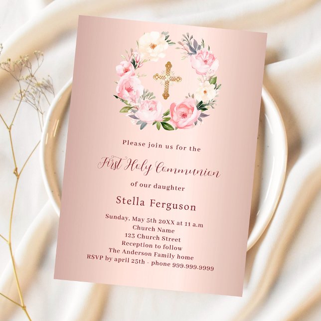 Rose gold blush pink florals cross First Communion Invitation (Creator Uploaded)