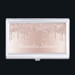 Rose Gold Blush Pink Foil Modern Elegant Business Card Holder<br><div class="desc">Blush Pink - Rose Gold Faux Dripping Sparkle Glitter and Foil Metallic Foil Stainless Steel Minimalist Business Card Holder with white lettered script signature typography for the monogram. The girly ombre modern and elegant chic luxury Rose Gold Foil Metal Business Card Holders can be customised with your name. Please contact...</div>