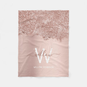 Rose Gold Blush Pink Girly Glitter Dust Monogram Fleece Blanket