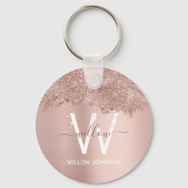 Rose Gold Blush Pink Girly Glitter Dust Monogram Key Ring (Front)