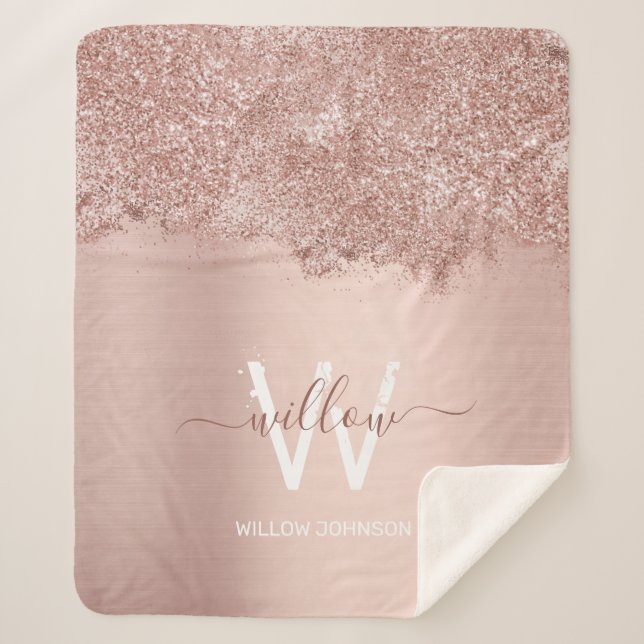 Rose Gold Blush Pink Girly Glitter Dust Monogram Sherpa Blanket (Front)