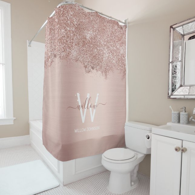 Rose Gold Blush Pink Girly Glitter Dust Monogram Shower Curtain (In Situ)