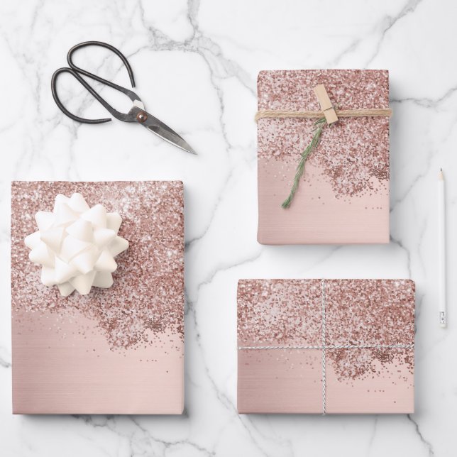 Rose Gold Blush Pink Girly Glitter Dust Wrapping Paper Sheet (Front)