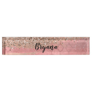 Rose Gold Blush Pink Glam Sparkle Crackle Chic Nameplate