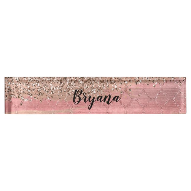Rose Gold Blush Pink Glam Sparkle Crackle Chic Nameplate (Front)