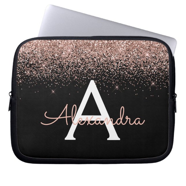 Rose Gold Blush Pink Glitter and Sparkle Monogram Laptop Sleeve (Front)