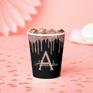 Rose Gold Blush Pink Glitter and Sparkle Monogram  Paper Cups