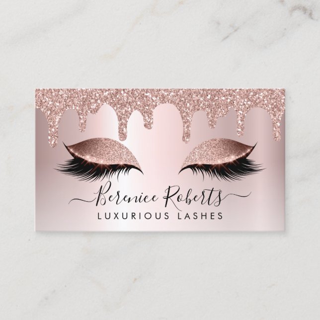 Rose Gold Blush Pink Glitter Drips Lash Extensions Business Card (Front)