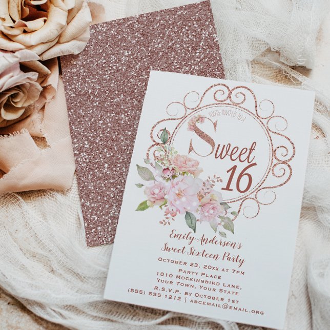 Rose Gold Blush Pink Glitter Floral Sweet 16 Invitation (Creator Uploaded)