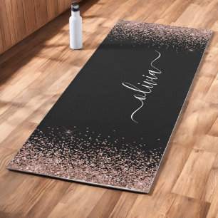 Rose Gold Blush Pink Glitter Girly Monogram Black Yoga Mat