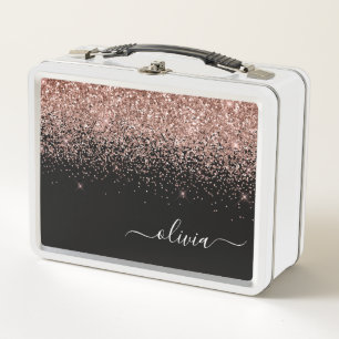Rose Gold Blush Pink Glitter Girly Monogram Name Metal Lunch Box